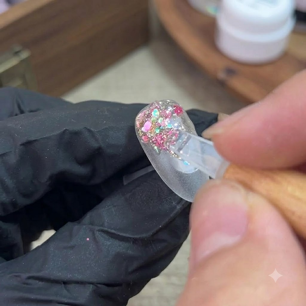 A small brush applying colorful glitter gel to the back edge of a clear nail tip.