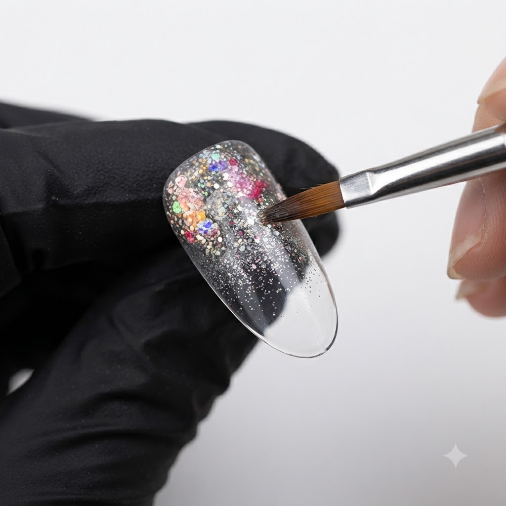 A brush feathering glitter gel downwards along a nail tip to create an ombre gradient.