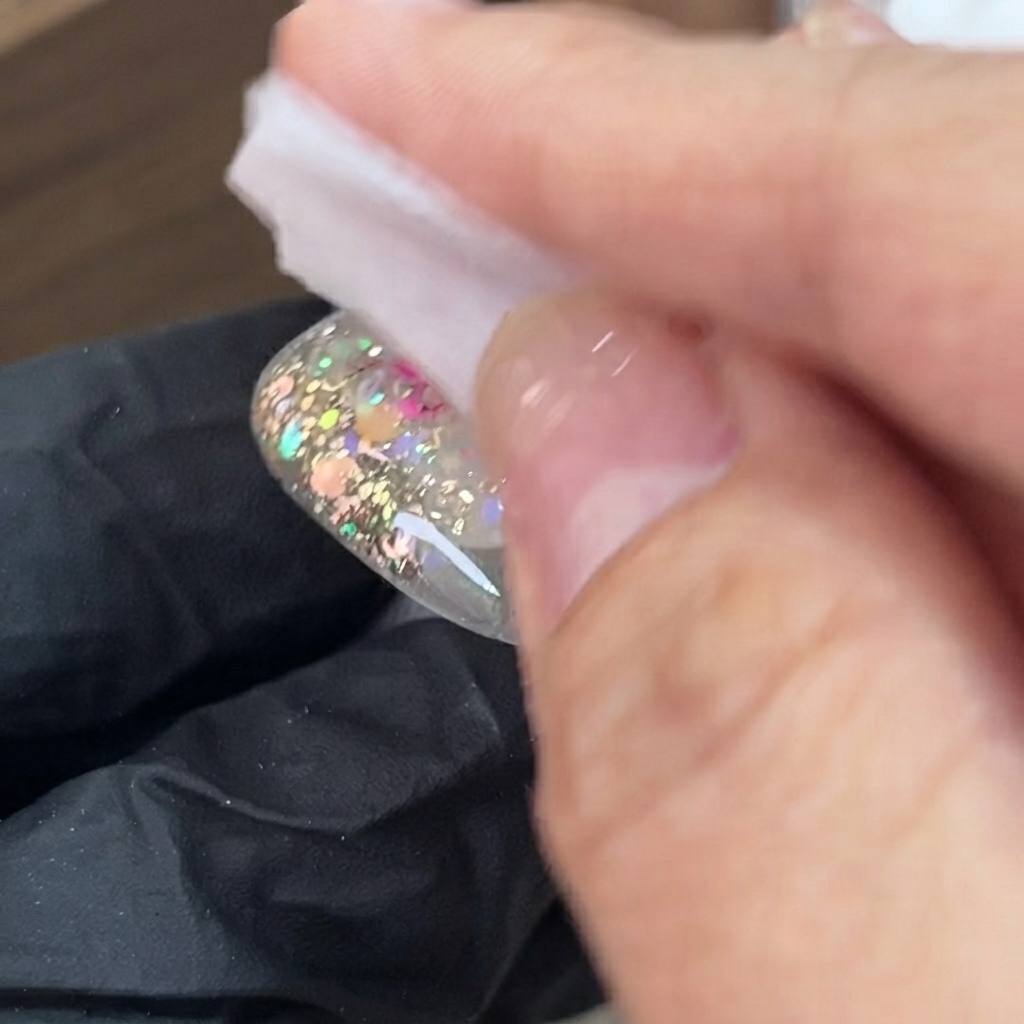 A lint-free wipe cleaning the surface of a manicured nail to remove the tacky layer.