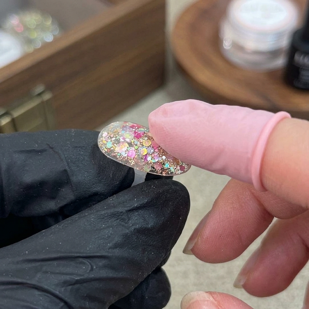 A small makeup sponge gently tapping a white gel gradient on a nude and glitter-capped nail extension.