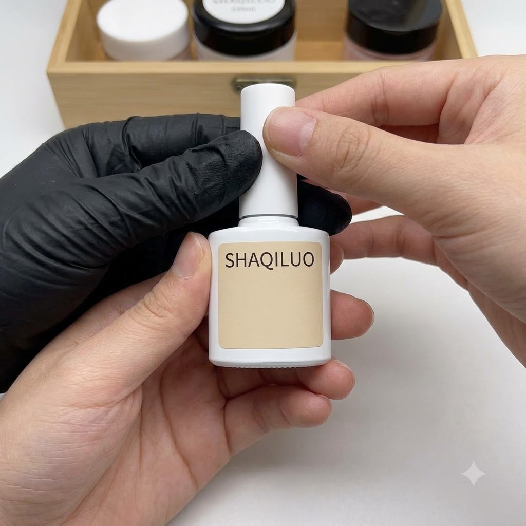 A gloved hand holding a white bottle of Shaquiluo gel polish against a wooden tabletop background.