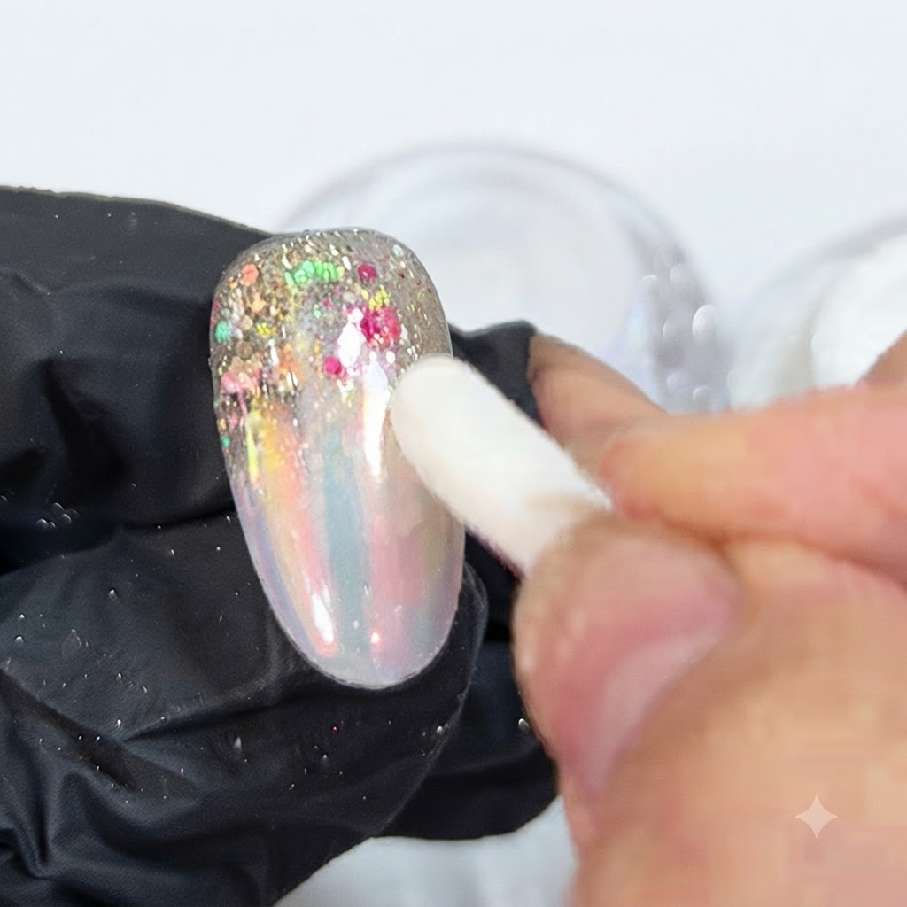 A clean sponge applicator firmly pressing down on an aurora powder-coated nail surface held in a gloved hand.