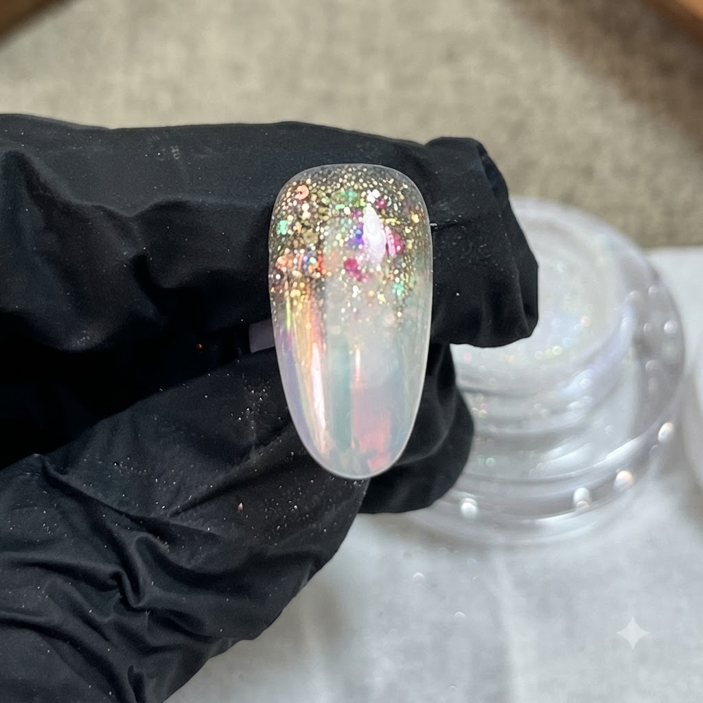 A finished nail extension showing a smooth gradient and glitter layout, viewed closely on a gloved finger.