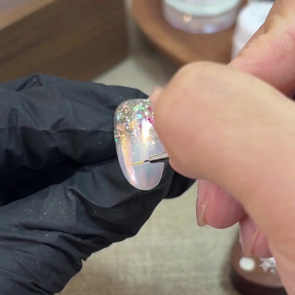 A liner brush using yellow gel to paint a six-pointed star on a decorated nail.