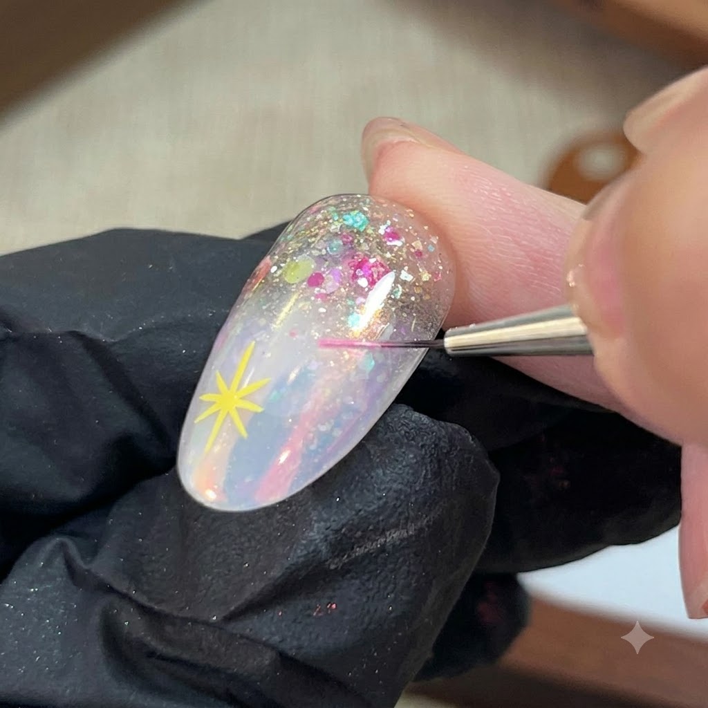 A fine brush using pink gel to paint a five-pointed star next to a yellow star on a nail.