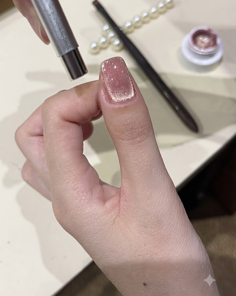 A close-up shot of a thumbnail displaying a centered and shimmering cat-eye light stripe.