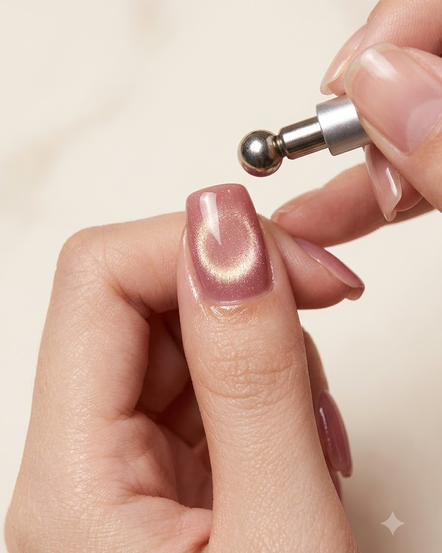 A spherical magnetic tool hovering over a nail to shape a concentrated cat-eye orb effect.