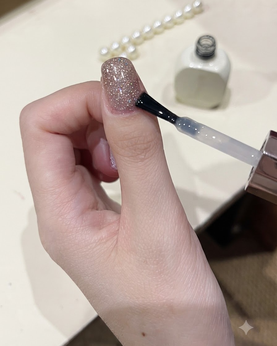 A brush applying a clear glossy top coat layer over a sparkling glitter nail design.