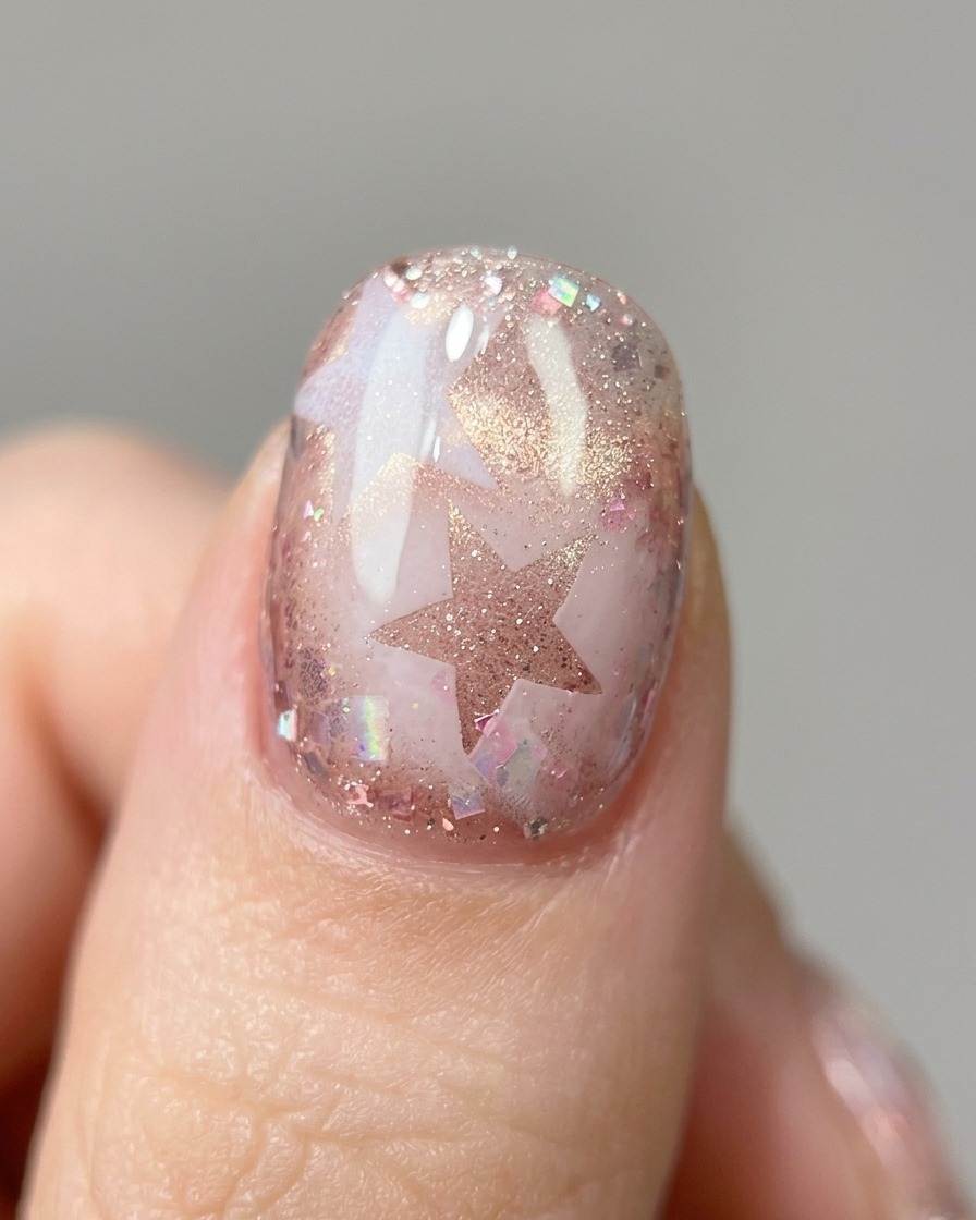 A pair of tweezers placing a metallic star sticker onto a decorated gel nail.