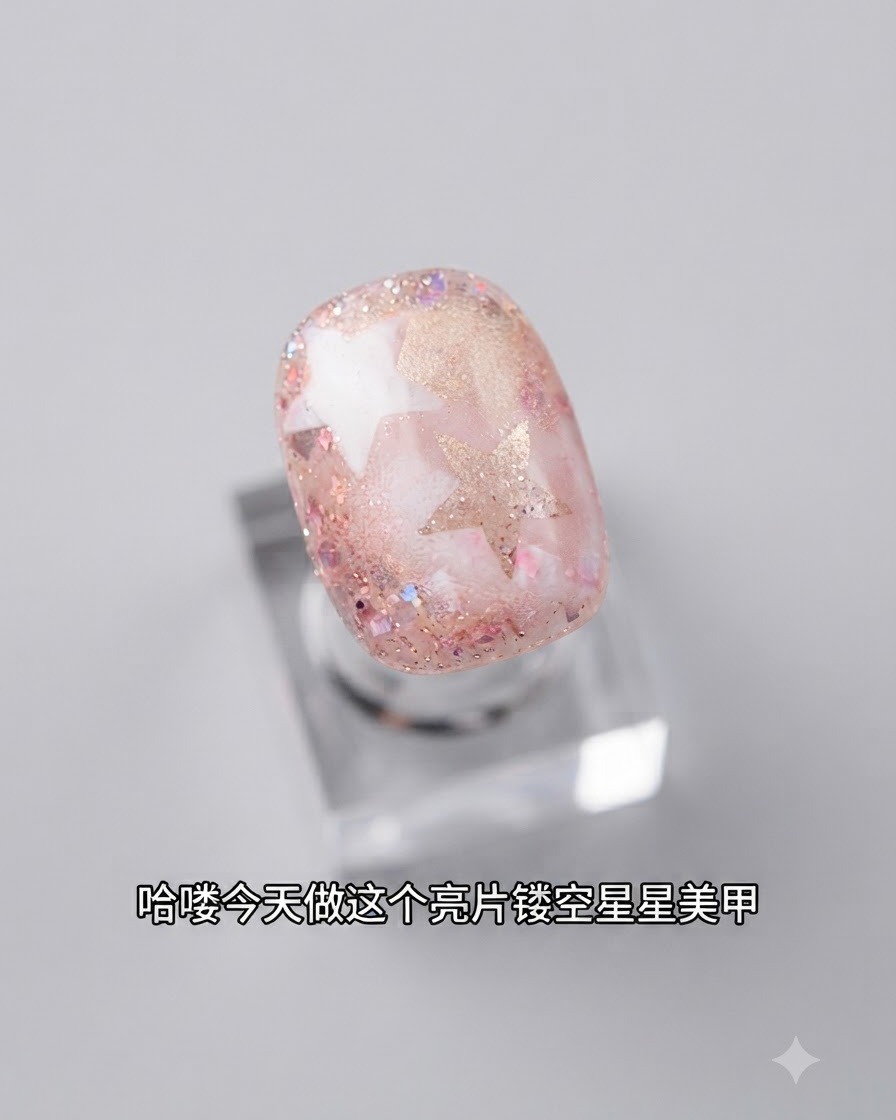 A sponge lightly dabbing solid color gel over a star stencil positioned on the decorated nail surface.