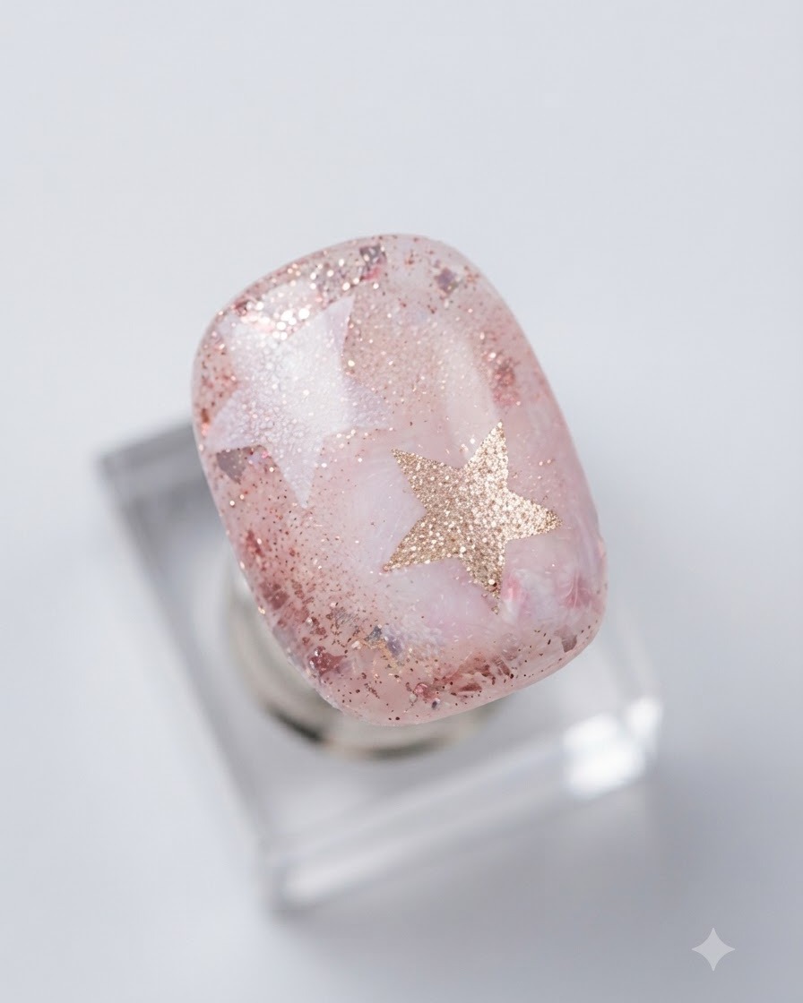 A brush gliding a layer of high-shine top coat across the finished hollow star and glitter nail art.