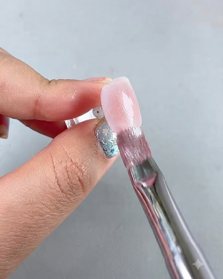 A brush coating a nail with translucent cat eye gel over the blush background.