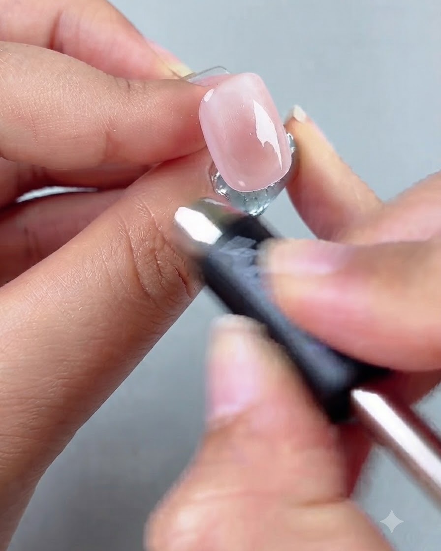 A magnetic wand being held close to a coated nail to form a glowing highlight.