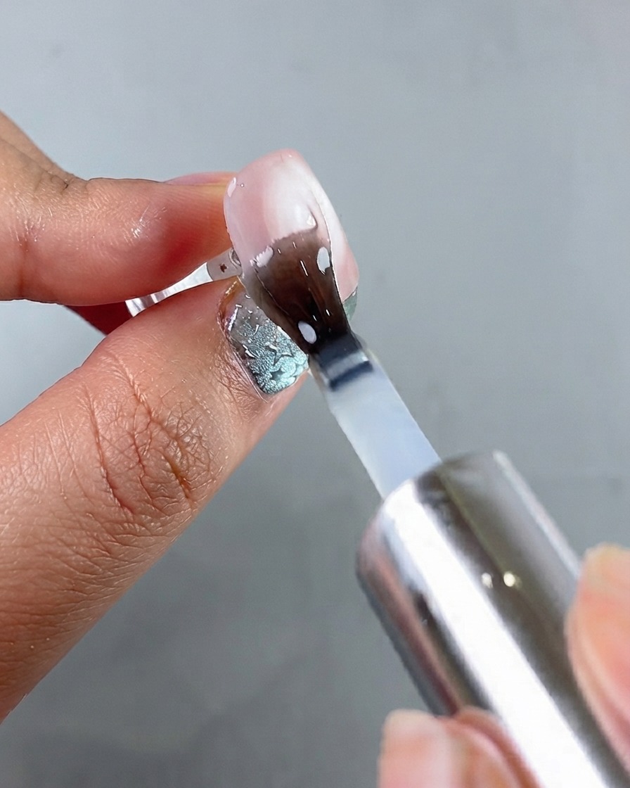 A brush applying a clear sealing top coat over the cured cat eye nail.