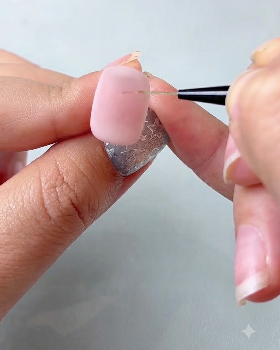 A fine detailing brush drawing star outlines on a nail surface.
