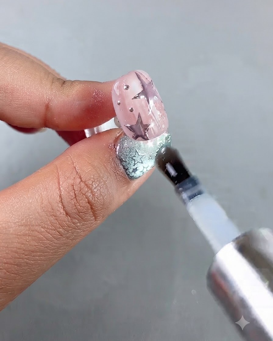 A brush applying a clear top coat over a pink nail decorated with purple stars and silver dots.