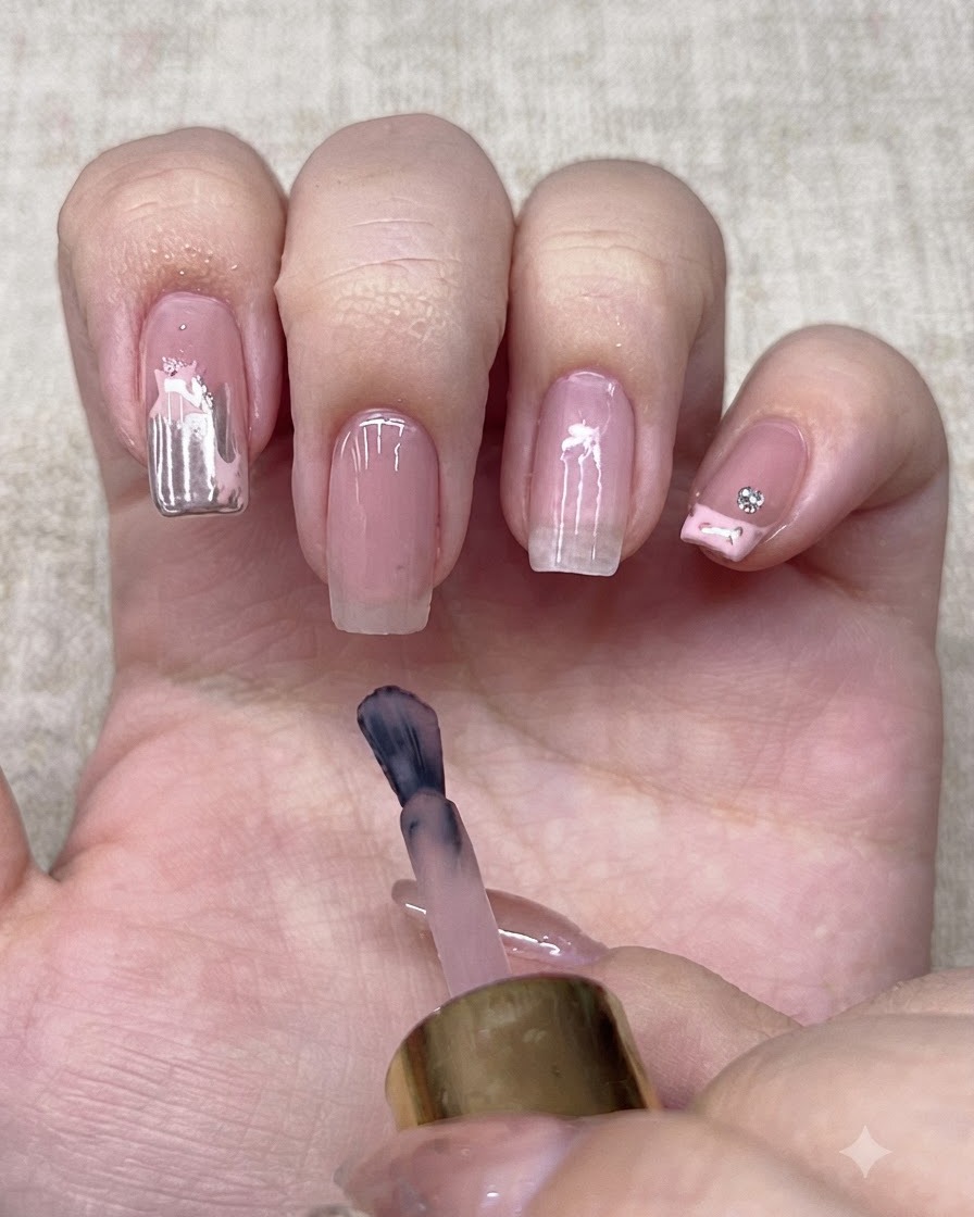 A polish brush applying a nude base color onto a fingernail.