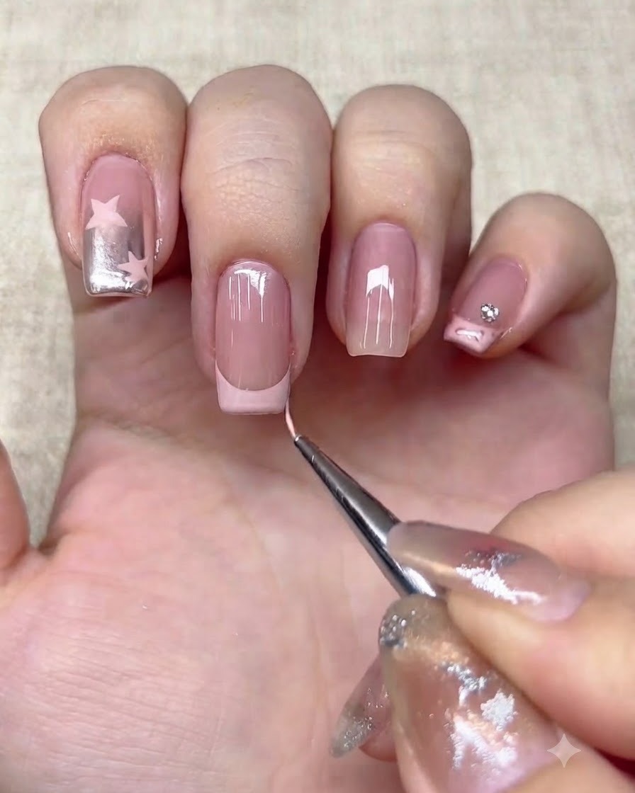 A fine liner brush adding small taupe leopard spots along the French tip.