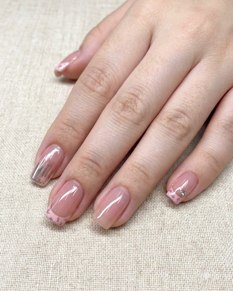 A hand showing completed French tip and leopard print nail art after top coat application.
