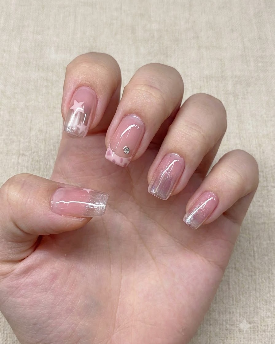 A fine nail art brush drawing tiny pink stars over a glossy gradient fingernail.