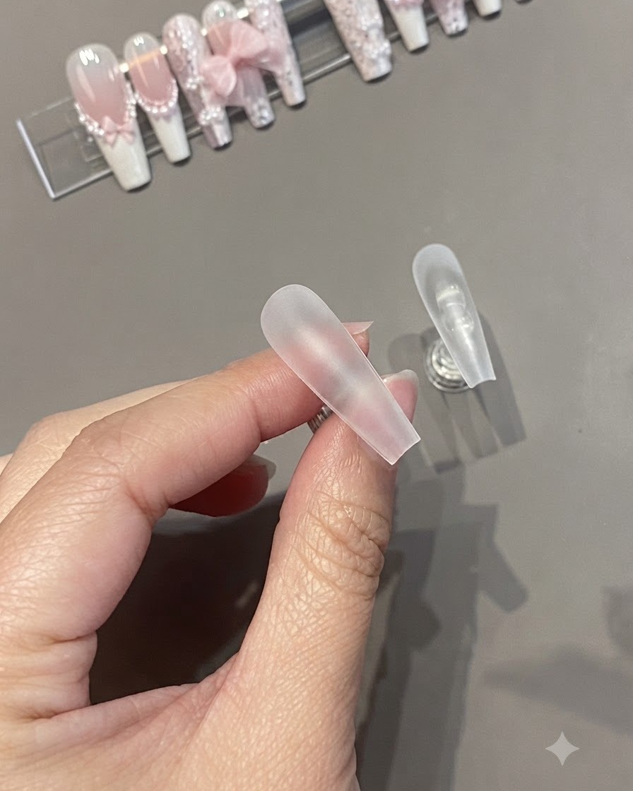 A close-up of hands holding a frosted artificial nail surface to prep it for polish application.