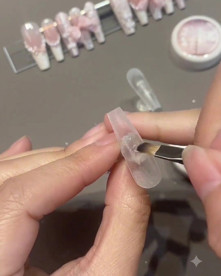 A brush applying a second coat of pink gel polish onto the surface of an artificial nail.