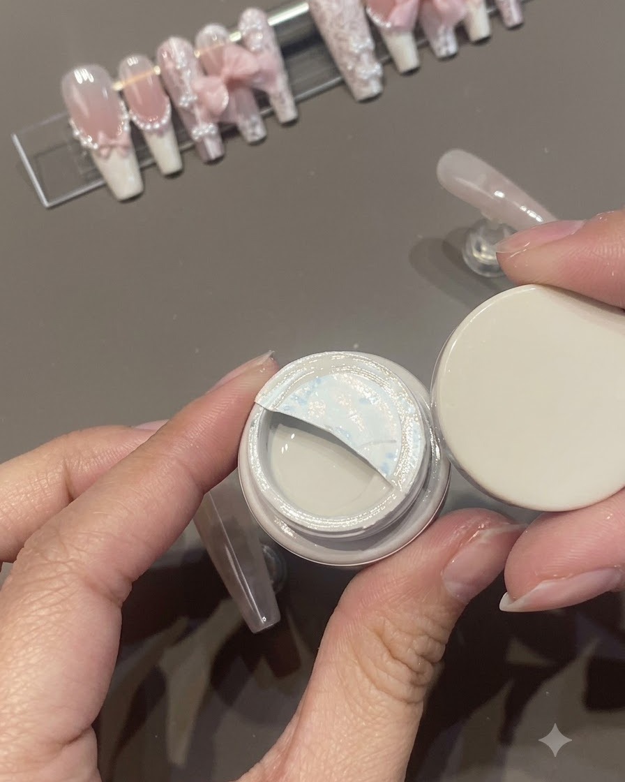 An open jar of Dorryla gel polish with its protective seal partially peeled back.