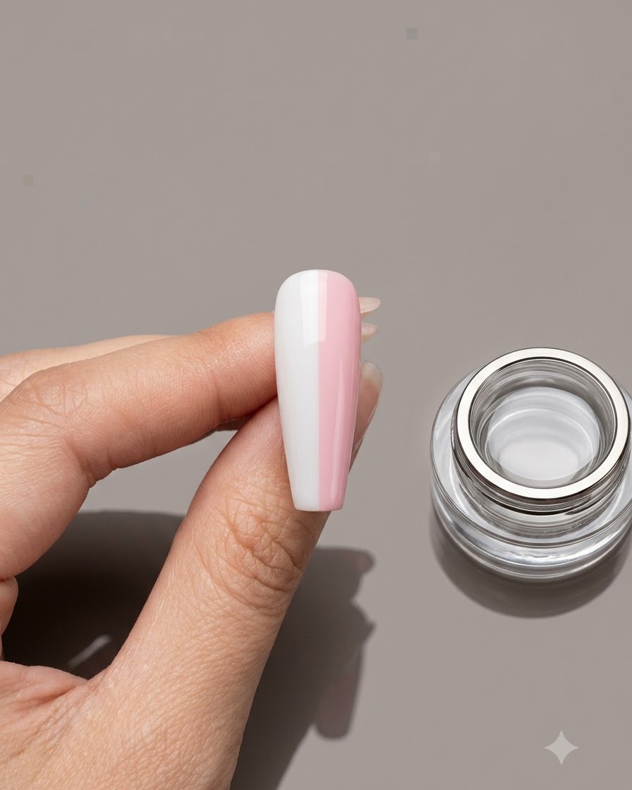 A half-white and half-pink press-on nail held by fingers with a clear gel pot next to it.