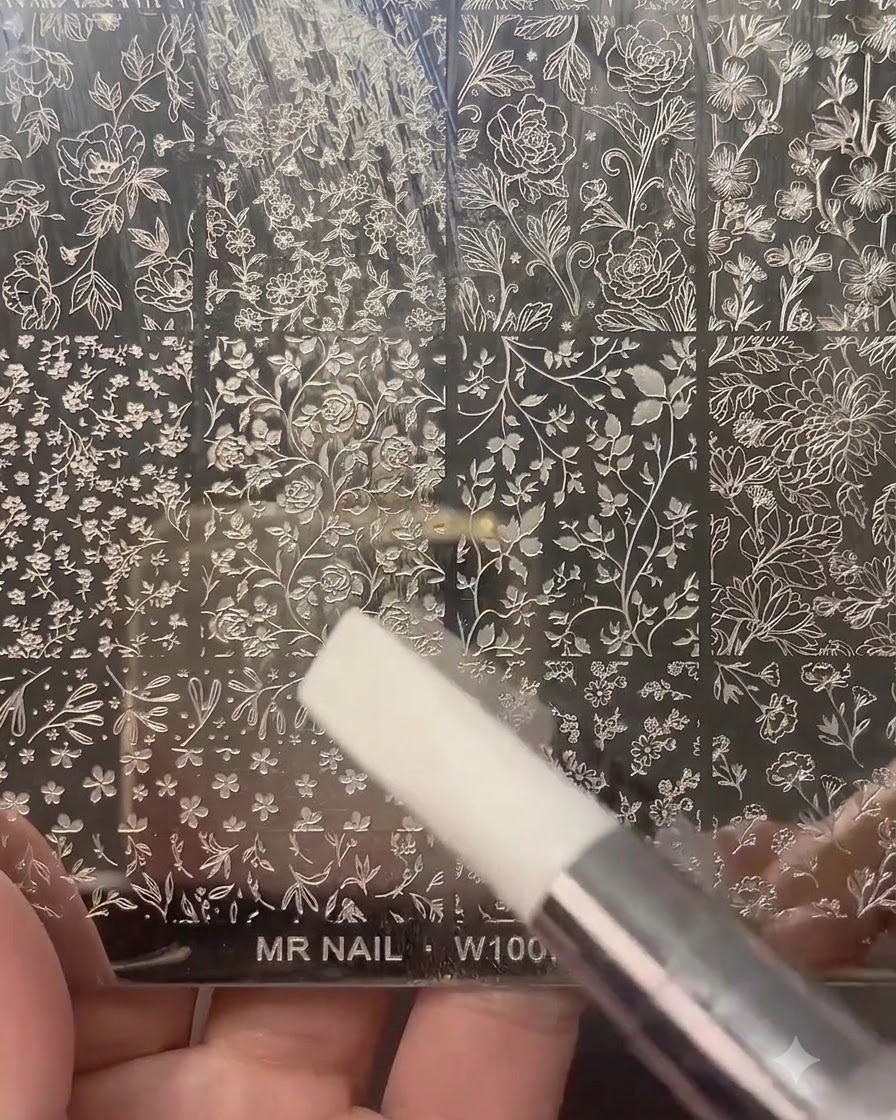 A clear nail stamper pressing down onto an engraved metal stamping plate filled with various floral and botanical patterns.
