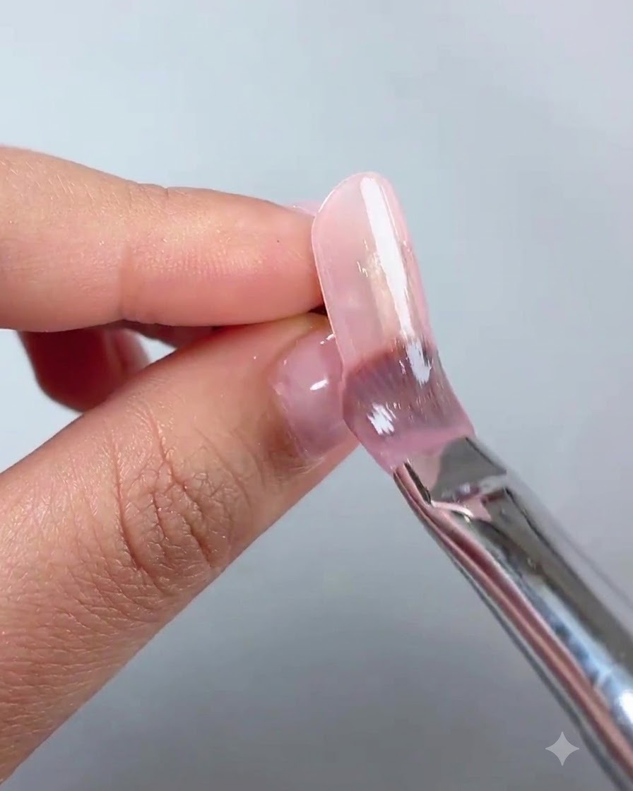 A close-up view of a finger showing a smooth, glossy nude pink cured base coat on an extended nail.