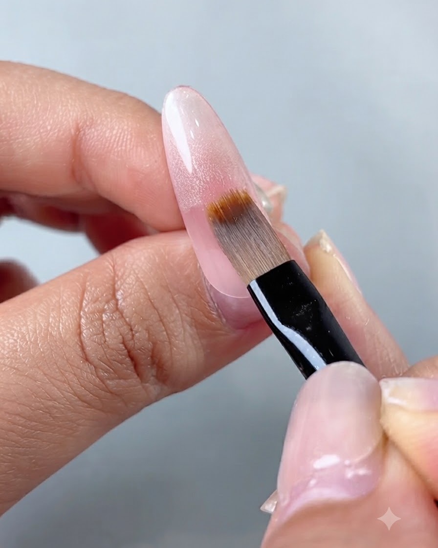 A professional nail brush held at a 45-degree angle blending gel polish down the length of an elongated nail.