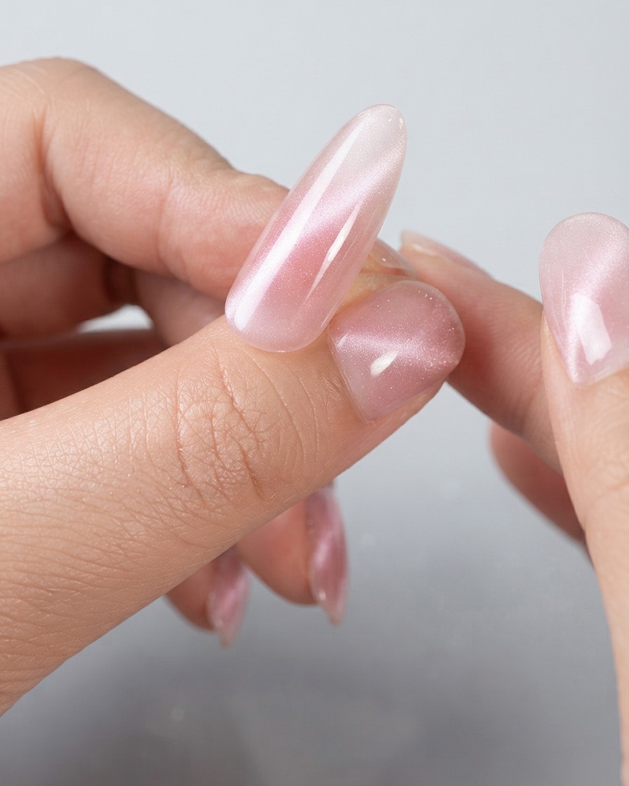 A close-up view of finished cat-eye nails displaying a wide, luminous light reflection band across glossy pink surfaces.