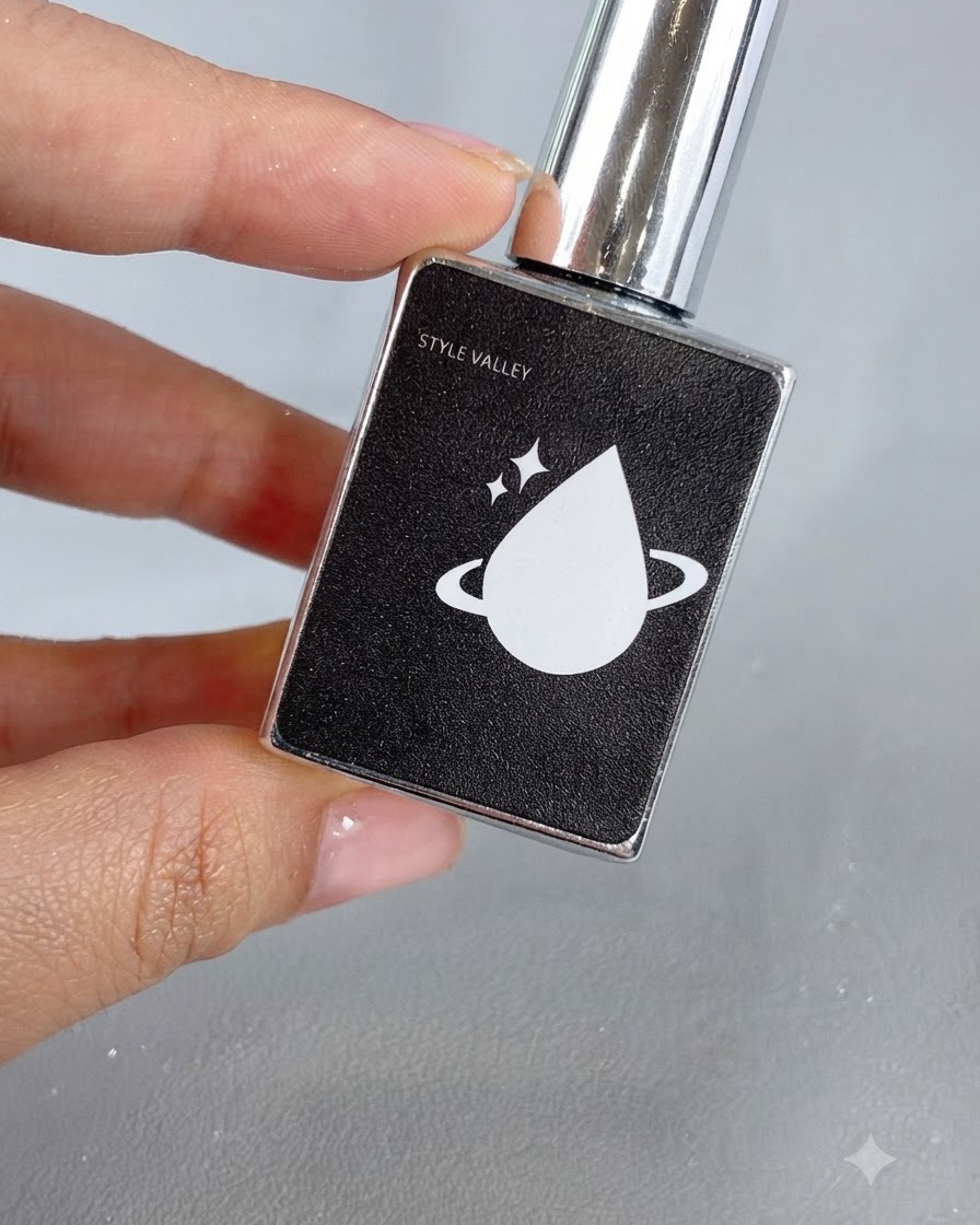 A top coat bottle with a branded label positioned near a manicured hand.