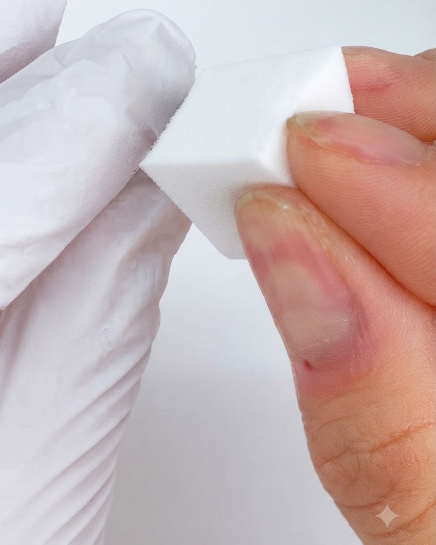 A white cosmetic sponge being pressed against a nail to diffuse white gel into a soft circle.