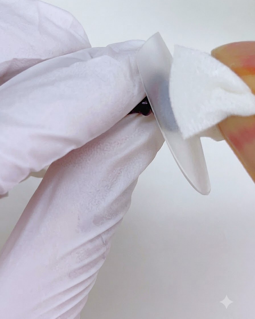 Wiping a nail surface with a lint-free cleanser pad during the application process.
