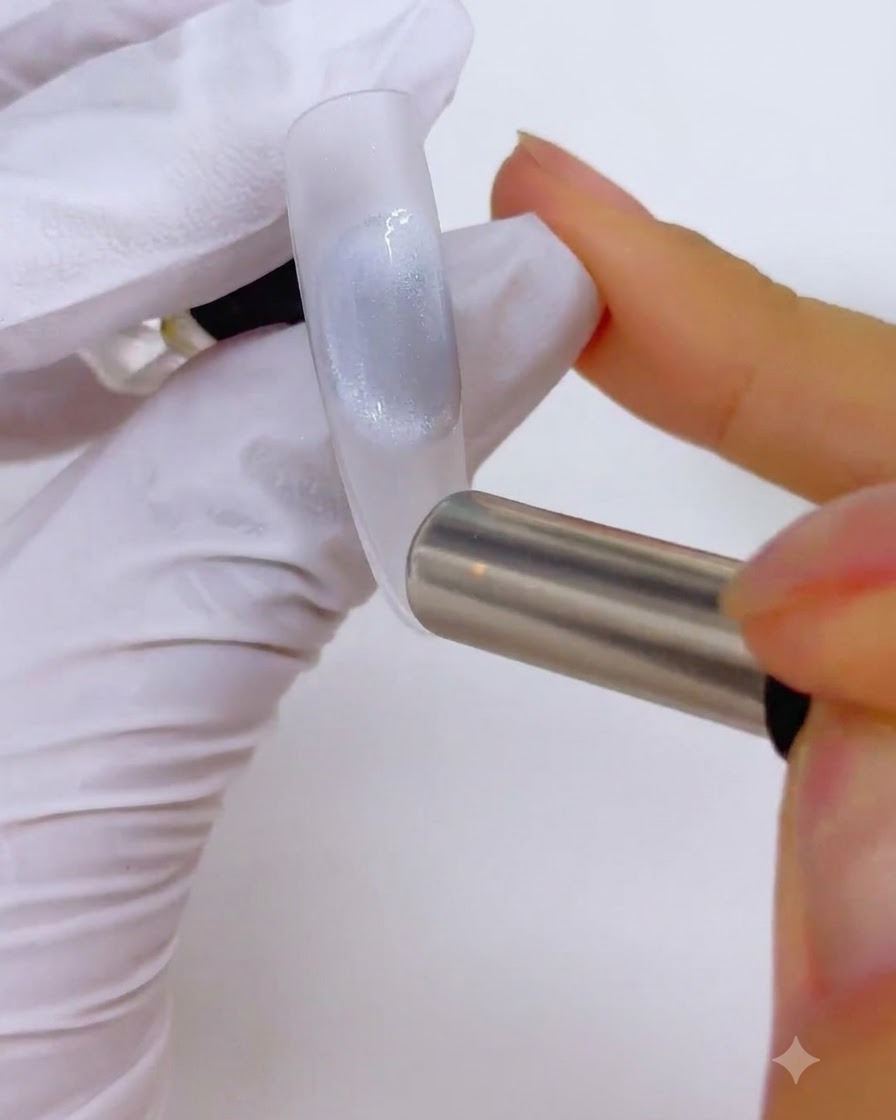 A cylindrical magnet shaping magnetic gel on a nail to form a bead.