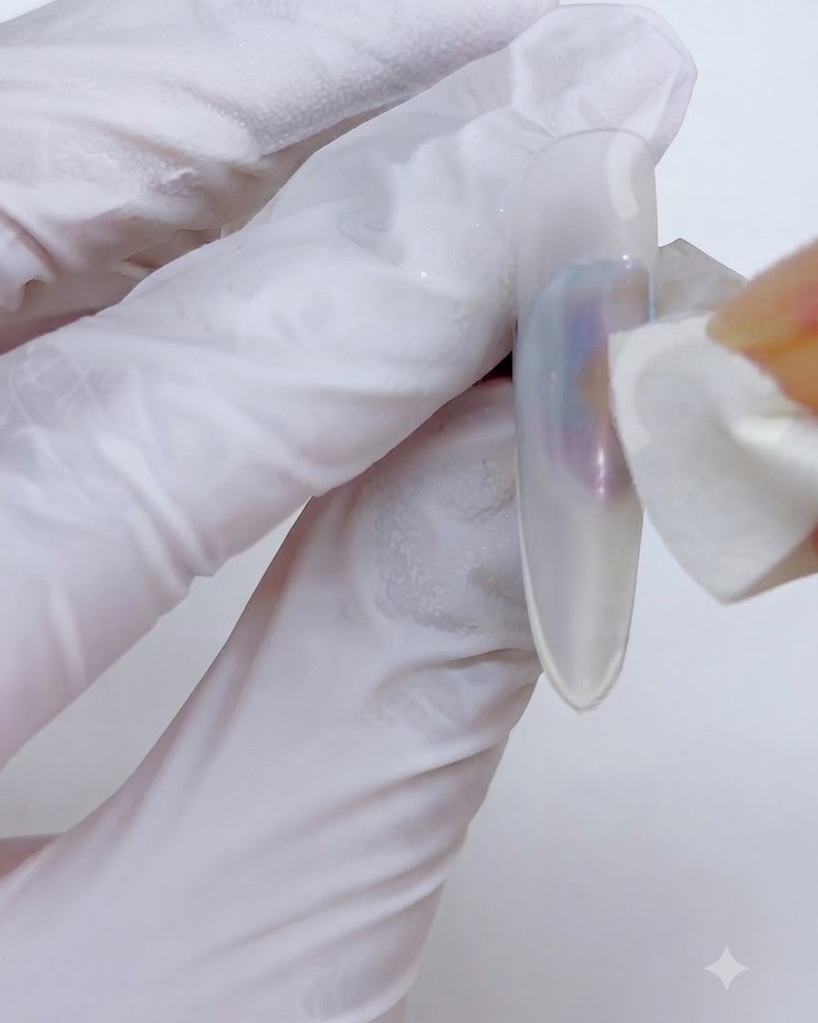A detail brush applying a clear structured top coat over the center of the nail.