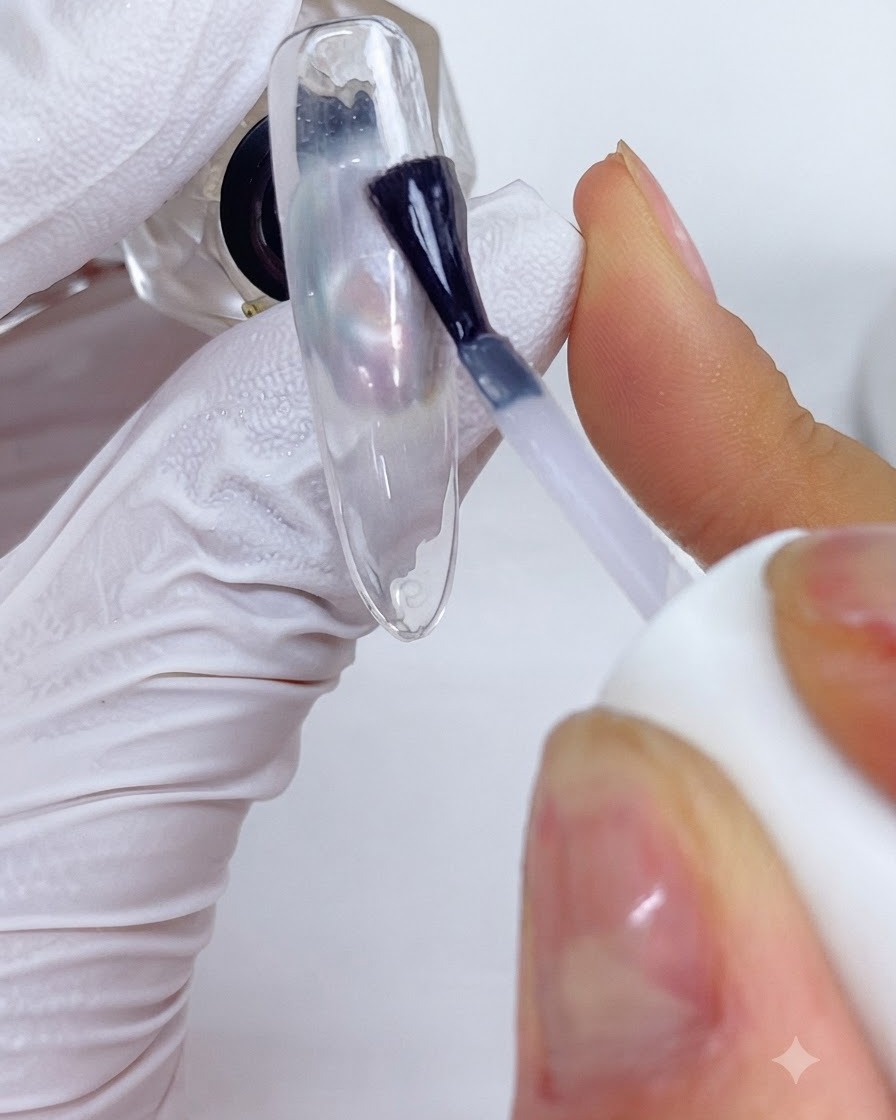 An applicator brush depositing LP03 pearl powder onto the blue-toned areas of the nail art.