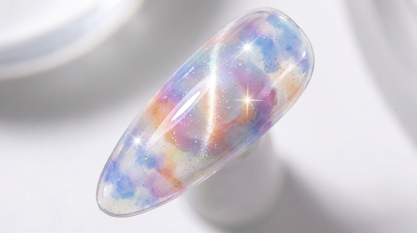 Dreamy Pearl Aurora Nail Art — Ethereal Watercolor & Cat-Eye Tutorial