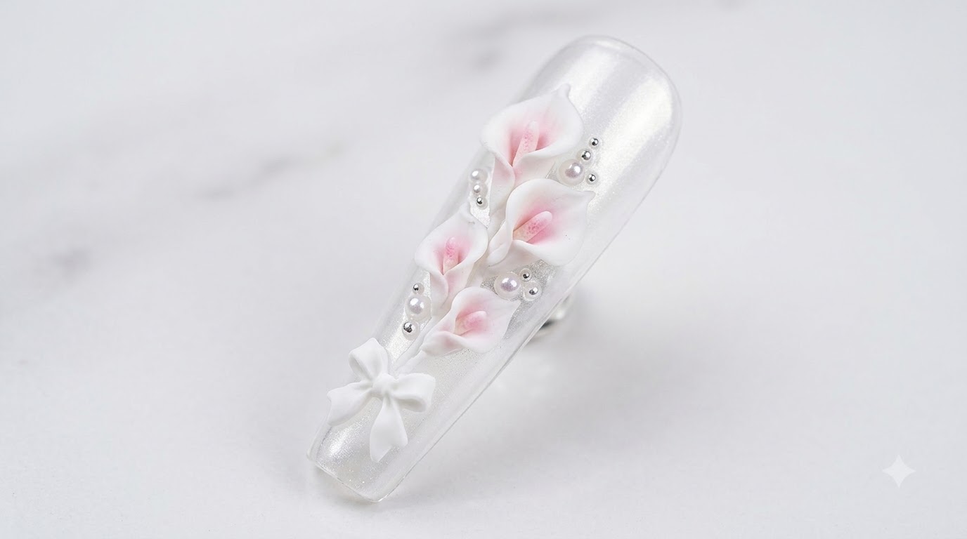 Dreamy Cool-Toned Pearl Calla Lily Nail Art — Step-by-Step Tutorial