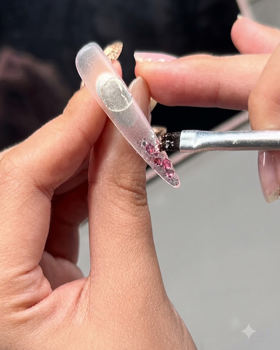 A brush distributing pink glitter flakes onto a clear nail extension.