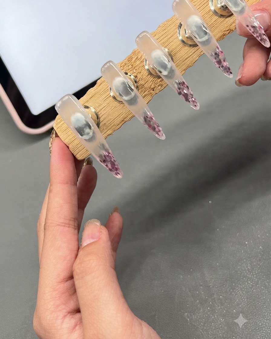 A hand holding a wooden nail stand upside down to let the gel level out.
