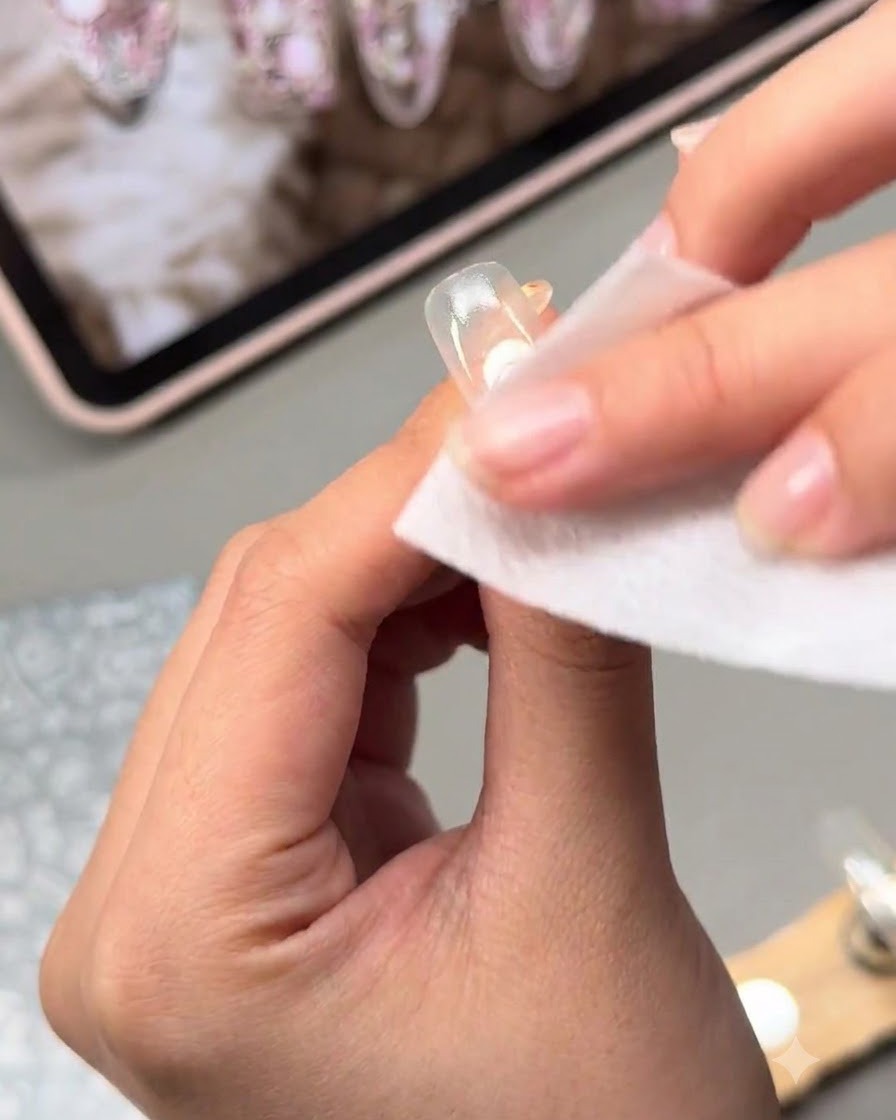 A lint-free wipe cleaning the sticky residue off the surface of a nail.
