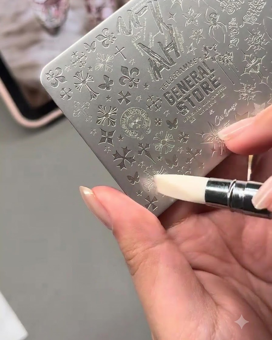 A tool scraping excess polish off a detailed metal stamping plate.