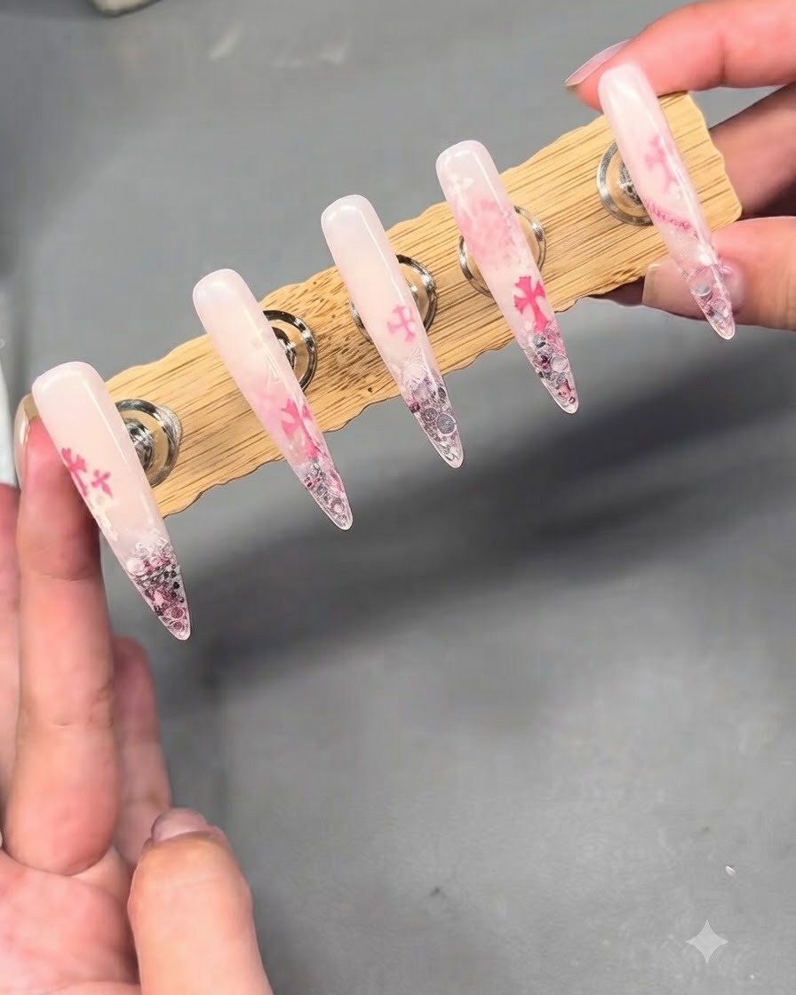 A display stand holding five long, nude and pink gradient press-on nails featuring Chrome Hearts stamping and rhinestone embellishments.