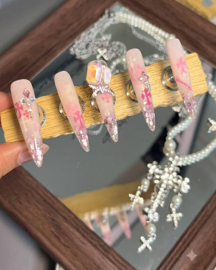 A close-up of a decorated nail featuring a large center crystal and small metallic steel balls placed neatly around its base.