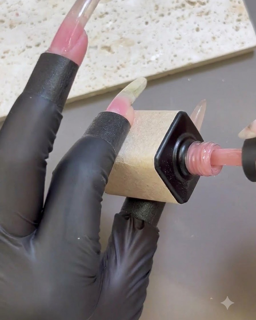 A gloved hand brushing nude pink base gel onto a long nail extension form.