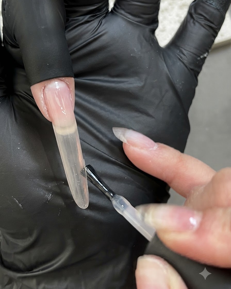 A close-up of a brush applying a second, thicker layer of nude pink gel onto a nail extension.
