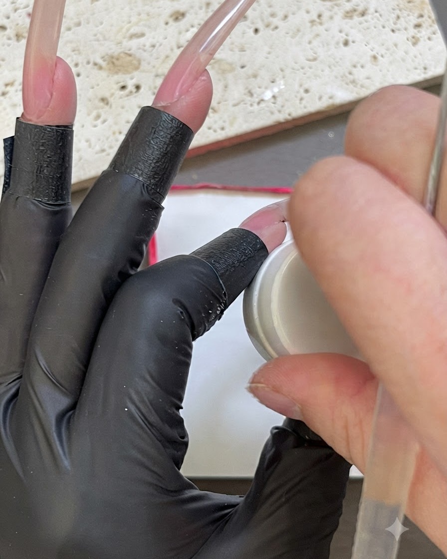 A gloved hand dabbing a white sponge onto a small container of white gel.