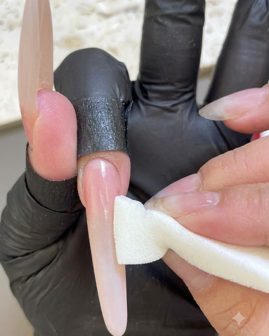A sponge patting white gel onto the tip of a pink-based nail extension to form an ombre gradient.